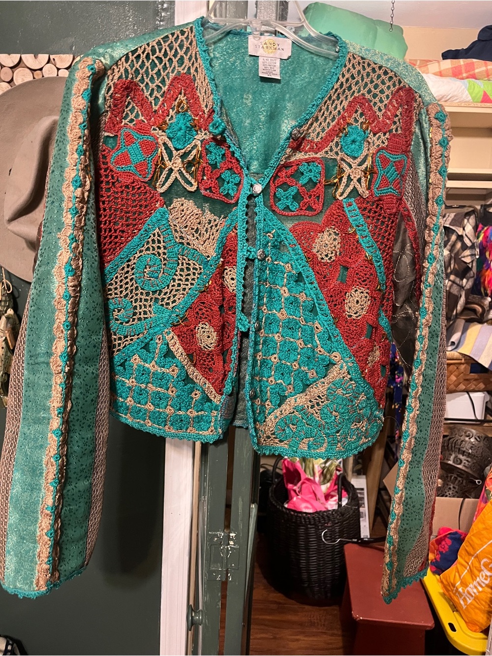 Stunning Crochet Patchwork Cardigan in Teal, Rust & Tan - Picture 2 of 8